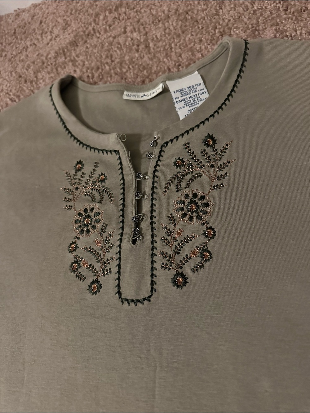 White Stag Olive Green Embroidered Button-Neck Top